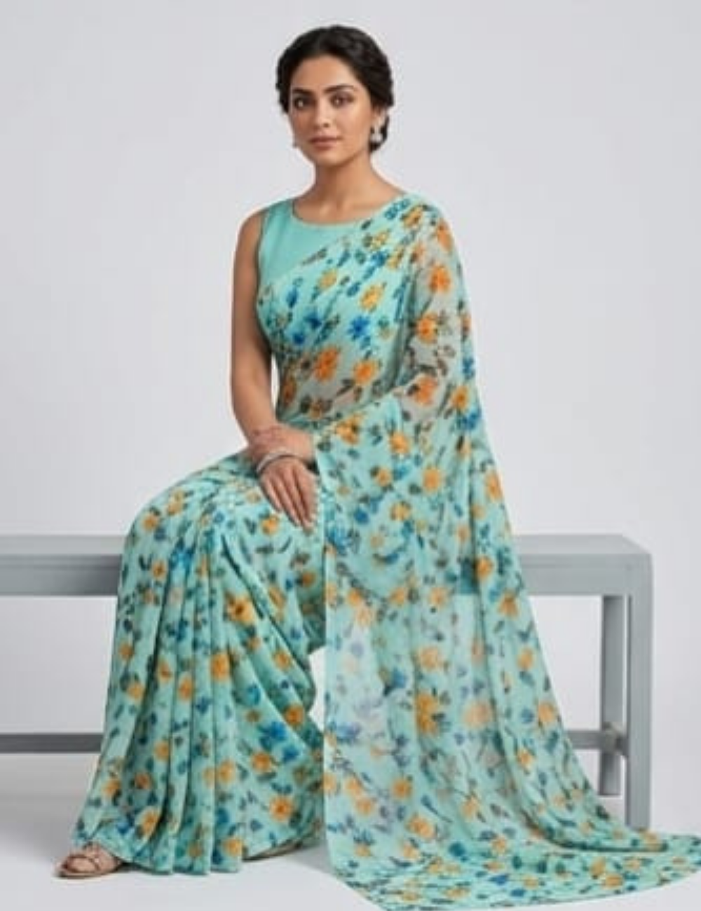 Elegant Aqua Blue Floral Printed Lightweight Saree