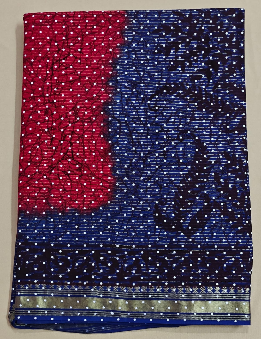 Red and Blue Bandhani Print Cotton Sari