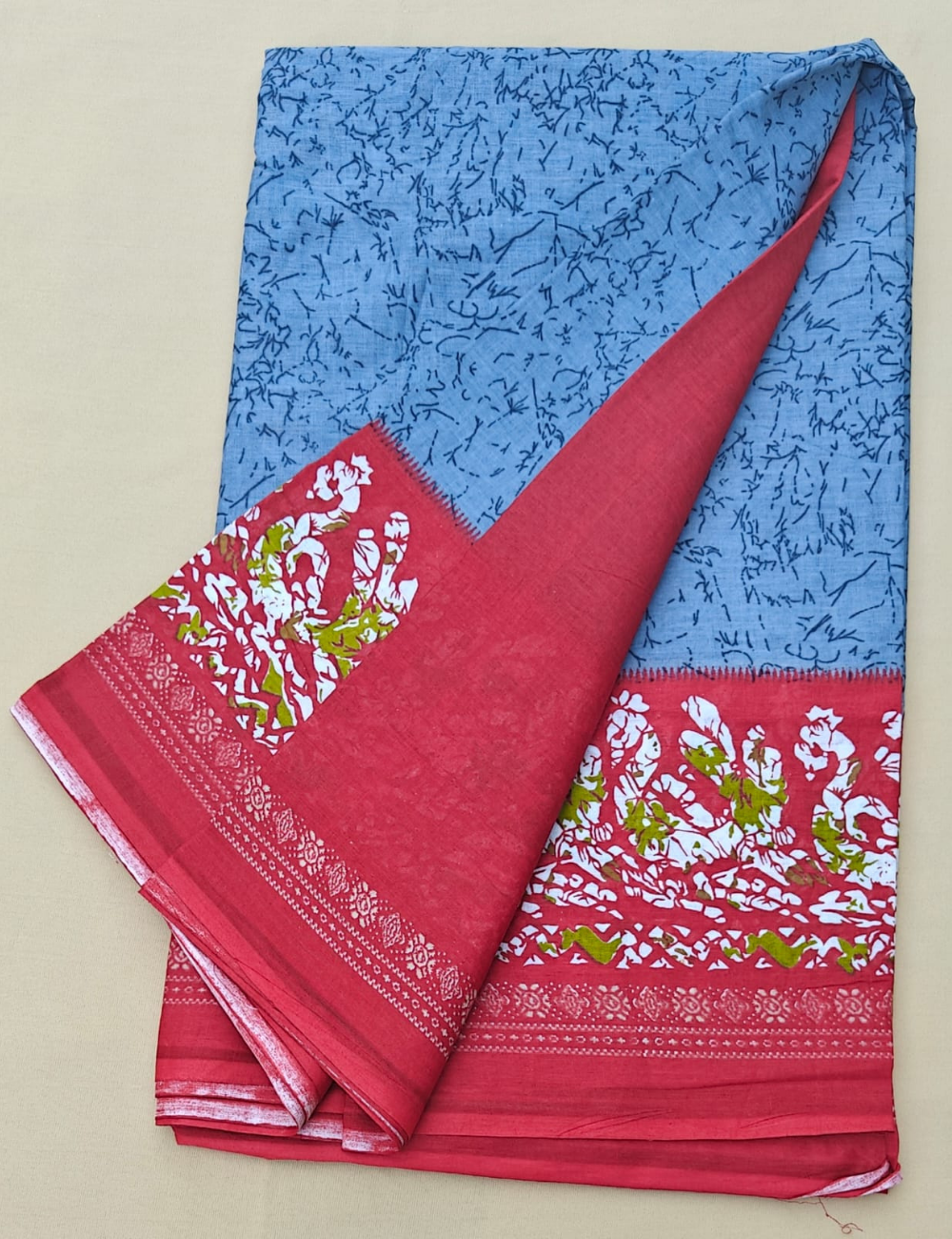 Sky Blue Floral Border Cotton Saree