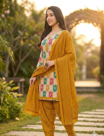 Vibrant Mustard Geometric Patiala Kurta Suit