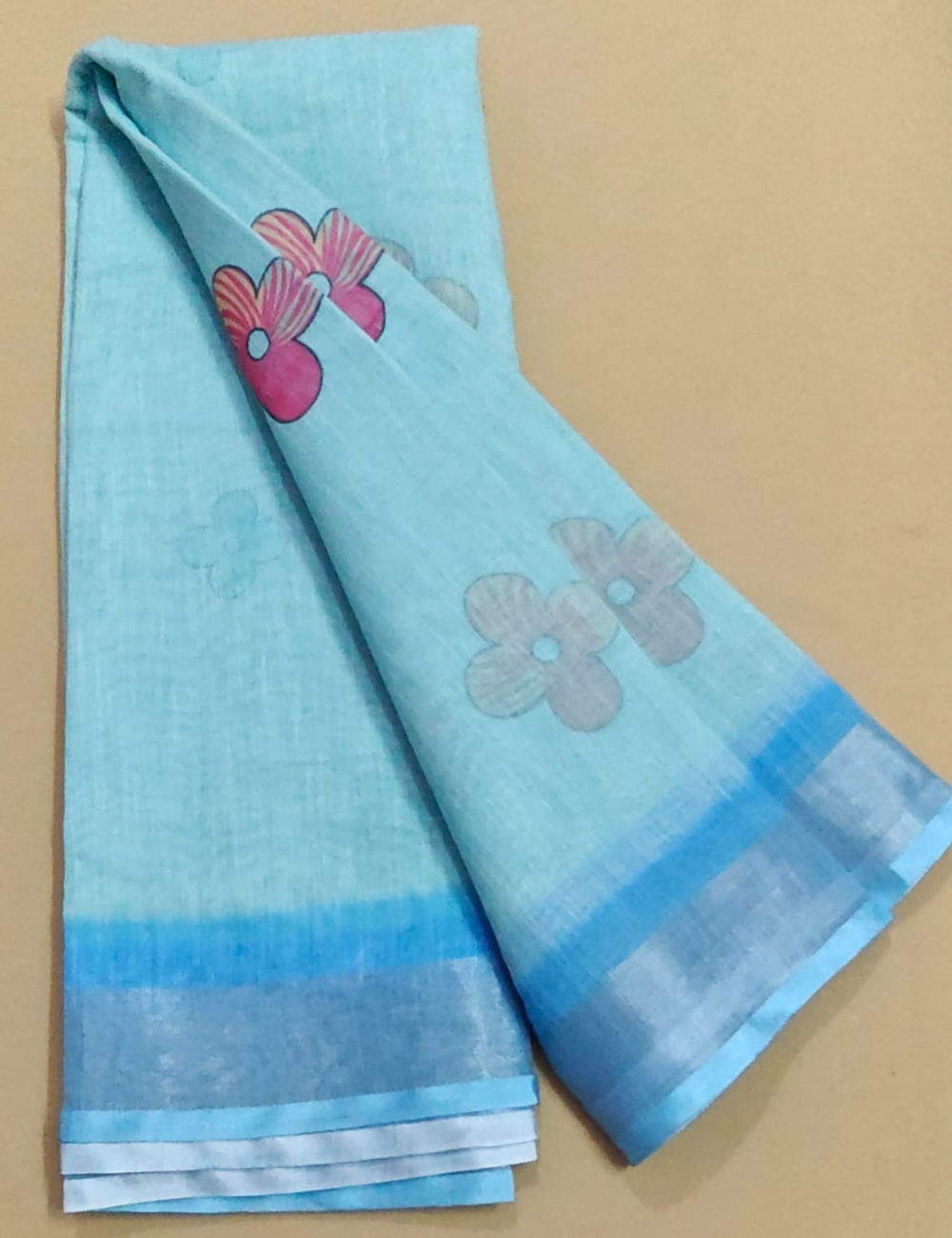 Sky Blue Linen Cotton Sari with Floral Motif