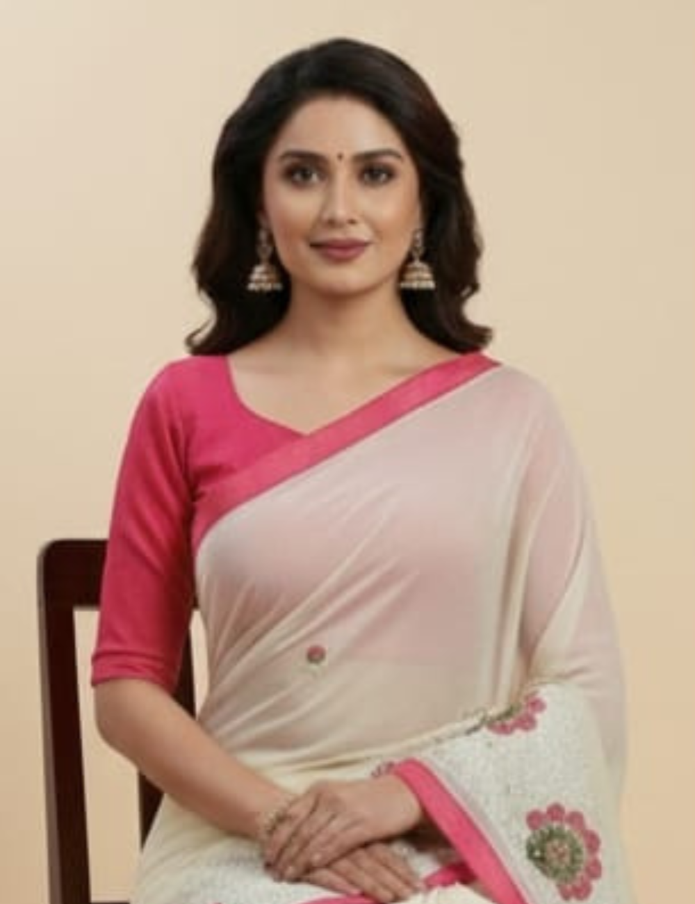 Elegant Cream Saree with Pink Floral Embroidery