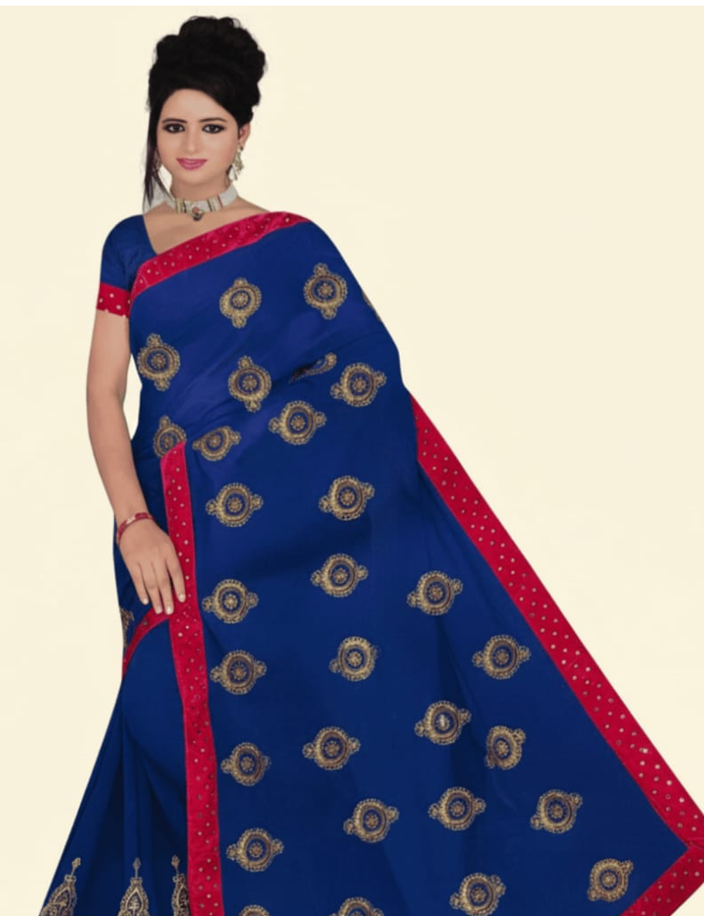 Royal Blue Saree with Pink Velvet Mirror Work Border