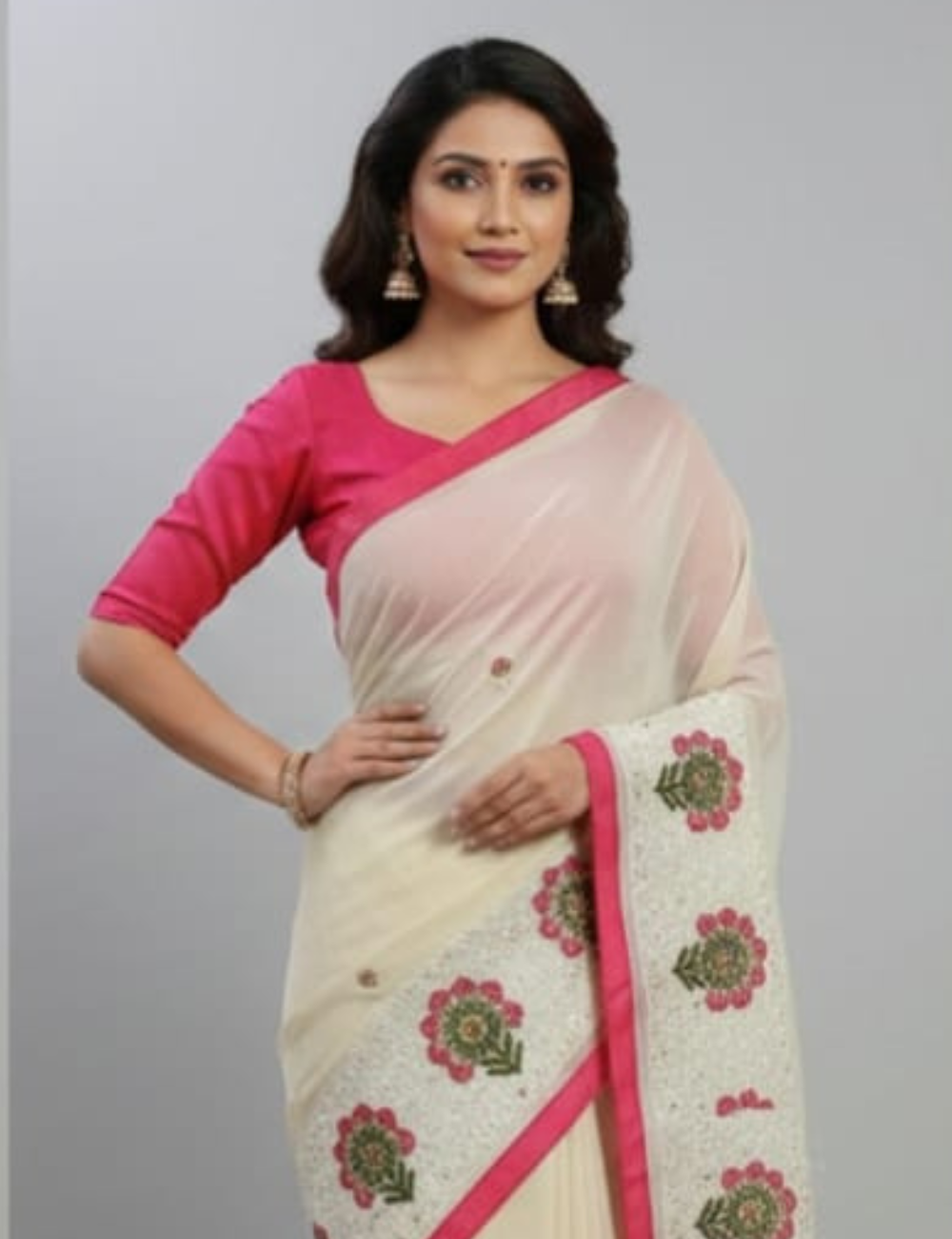 Elegant Cream Saree with Pink Floral Embroidery