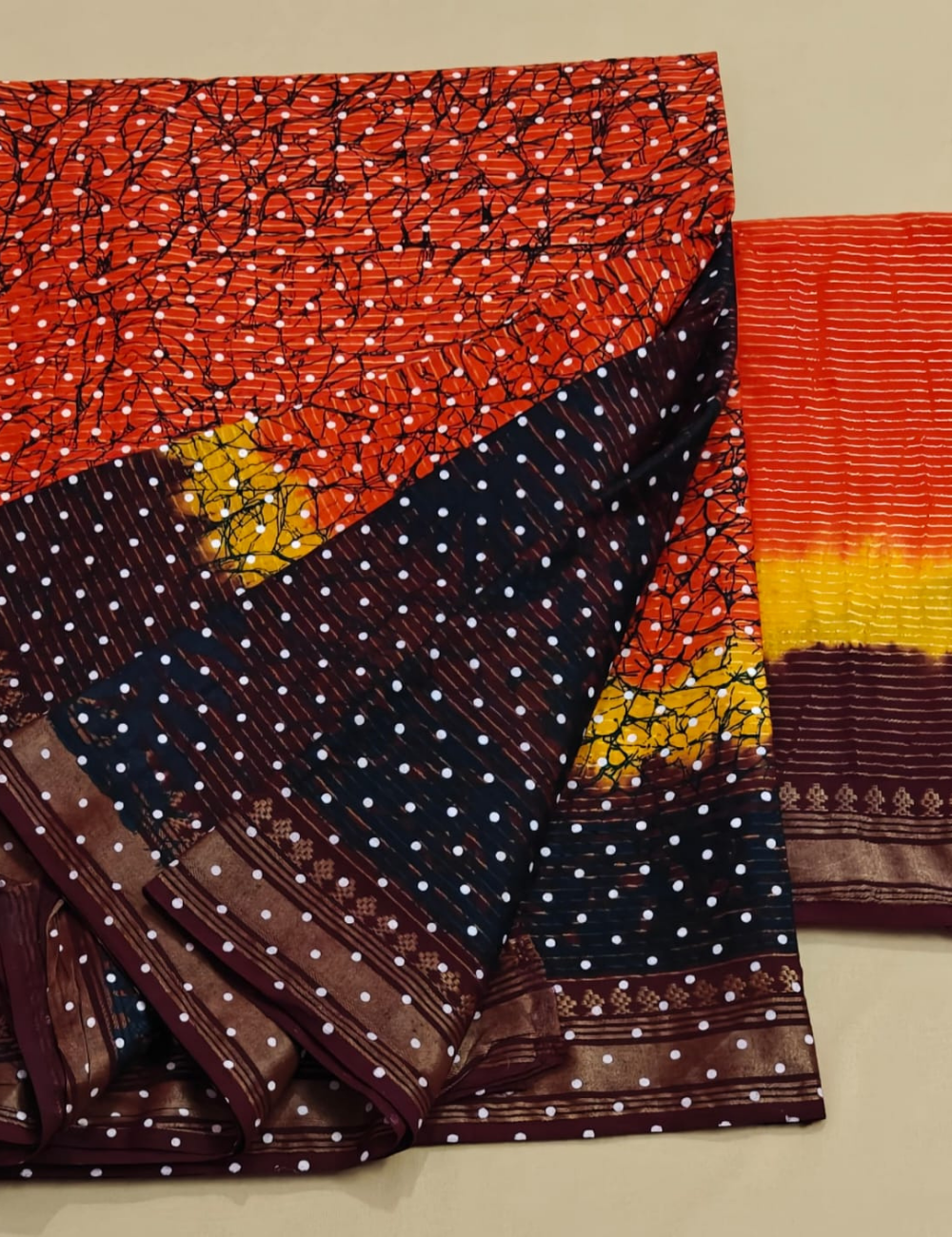 Red, Yellow, and Brown Multi-Tone Crackle Print Cotton Sari
