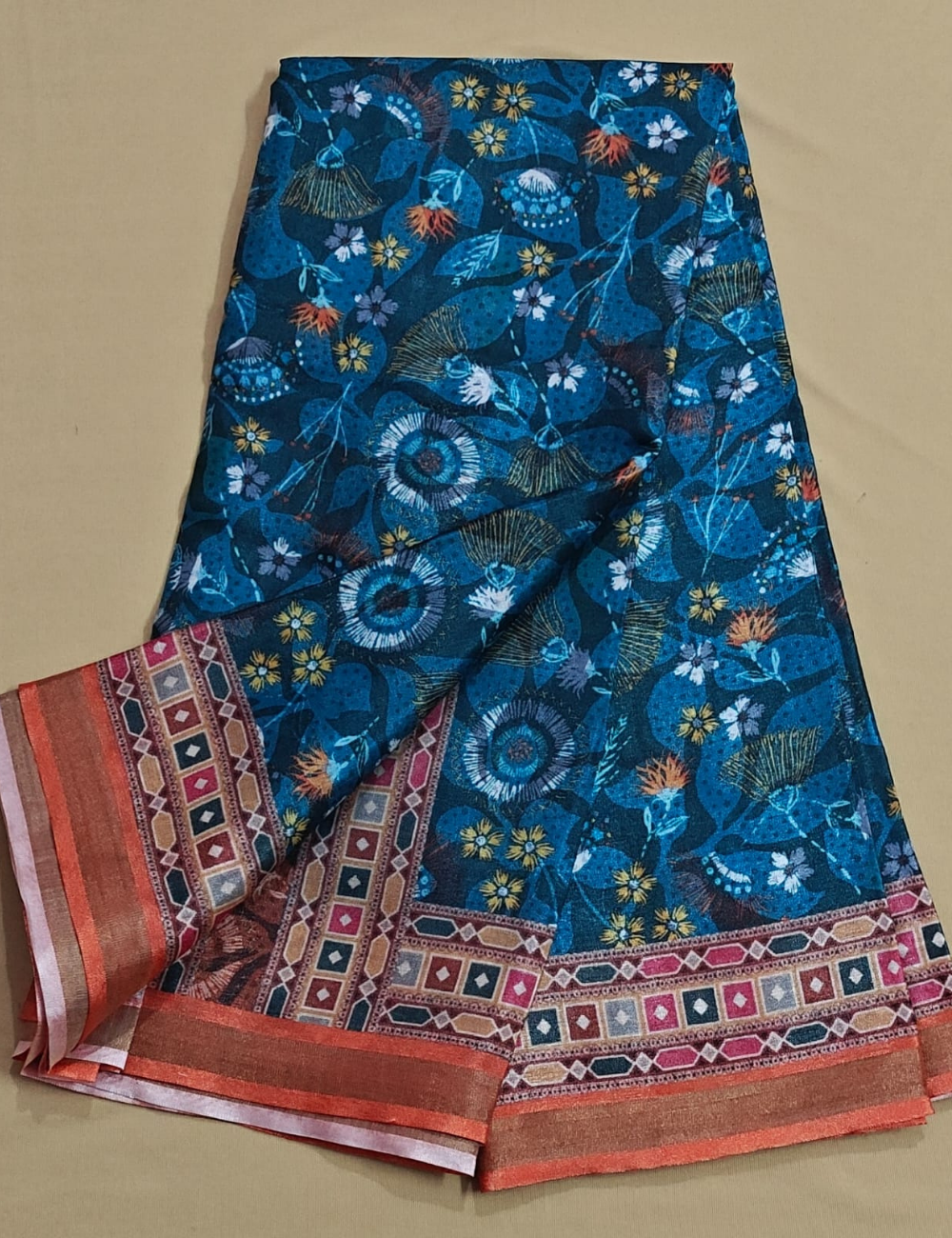 Teal Blue Botanical Digital Print Saree with Geometric Border & Running Blouse