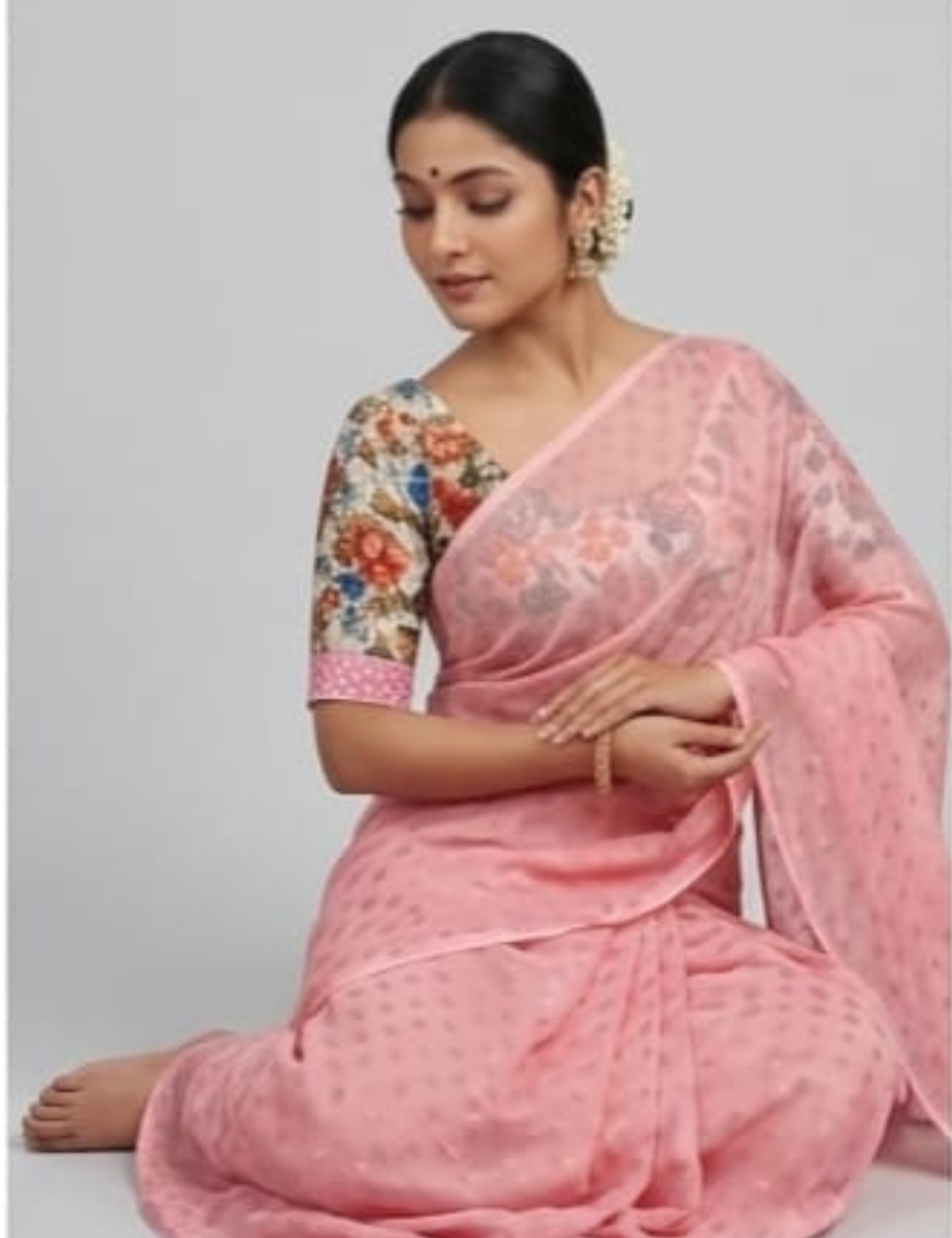 Charming Pink Saree with Floral Designer Blouse
