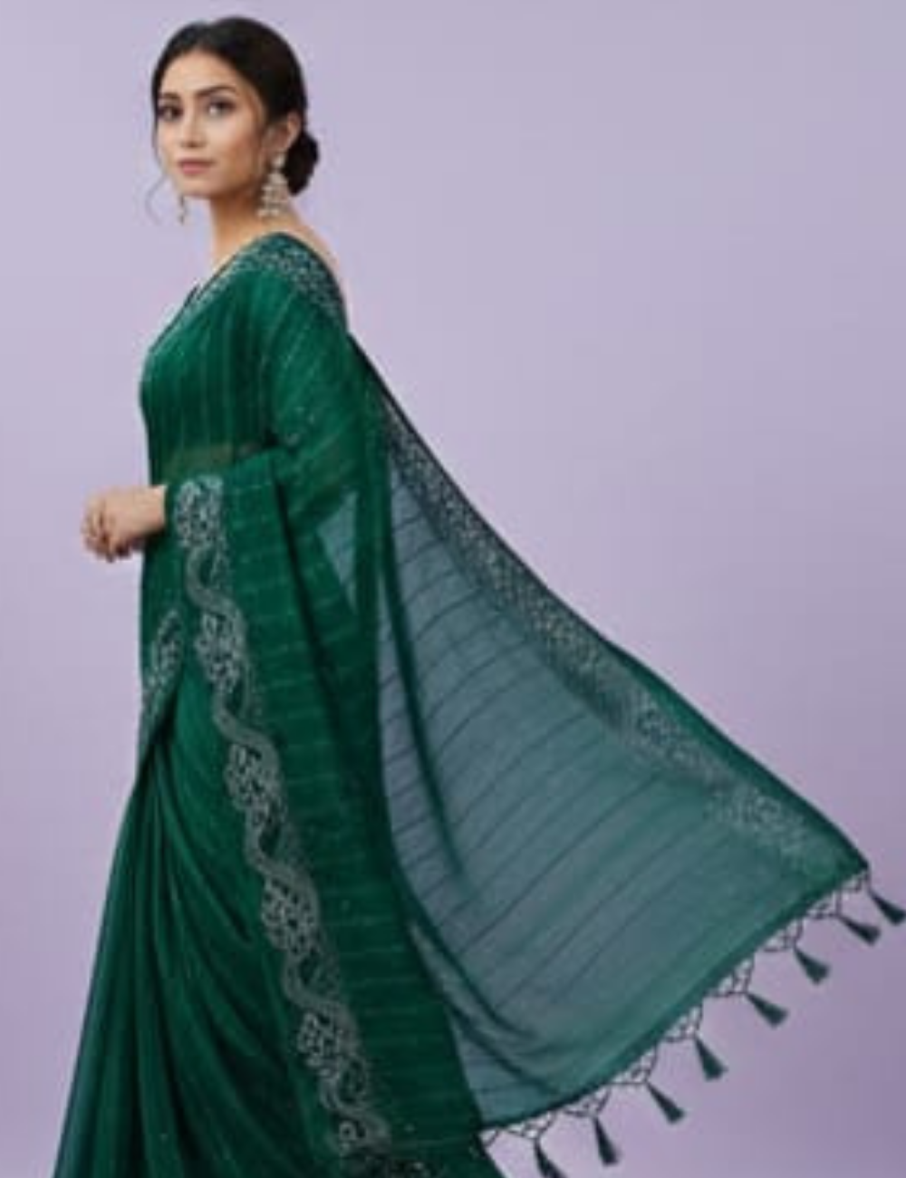 Stylish Emerald Green Saree with White Stone Work Border