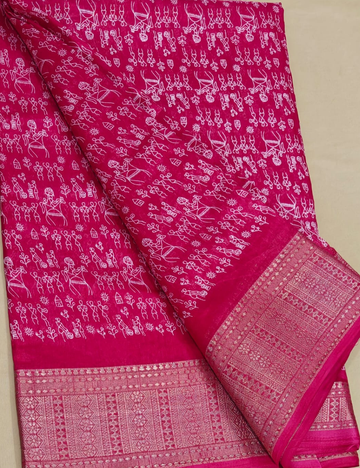Magenta Silk Sari with Traditional Folk Print and Zari Border