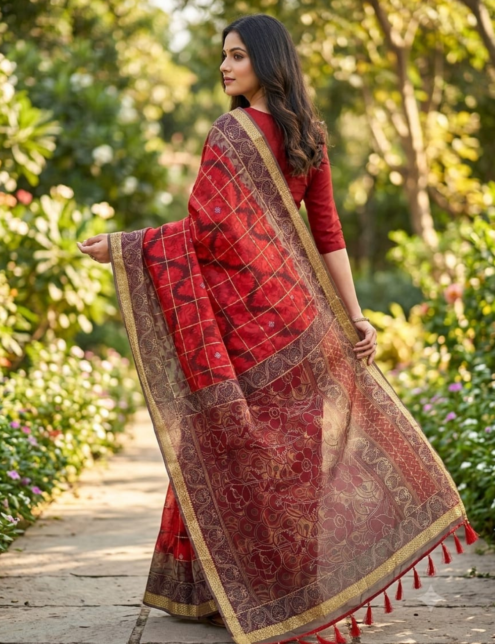 Crimson Gold Checkered Cotton Saree