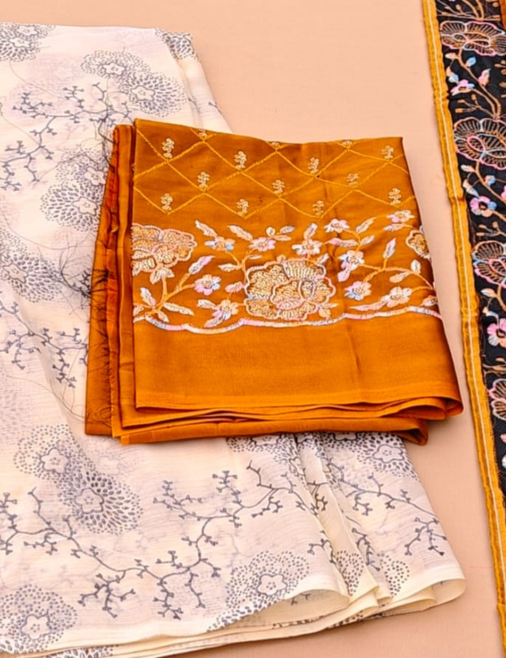 Cream Saree with Mustard Embroidered Blouse