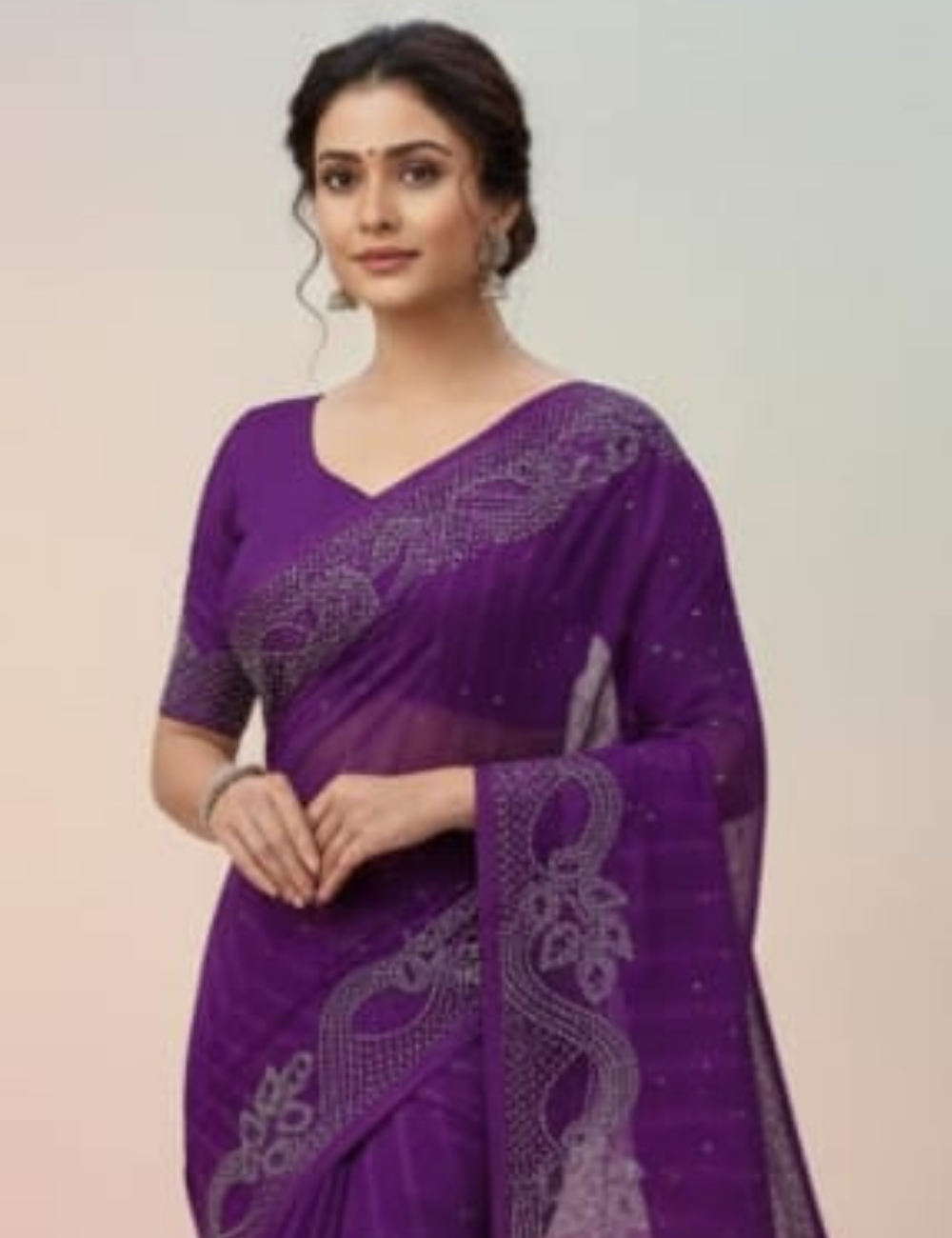 Purple Saree with White Bead Leaf Embroidery
