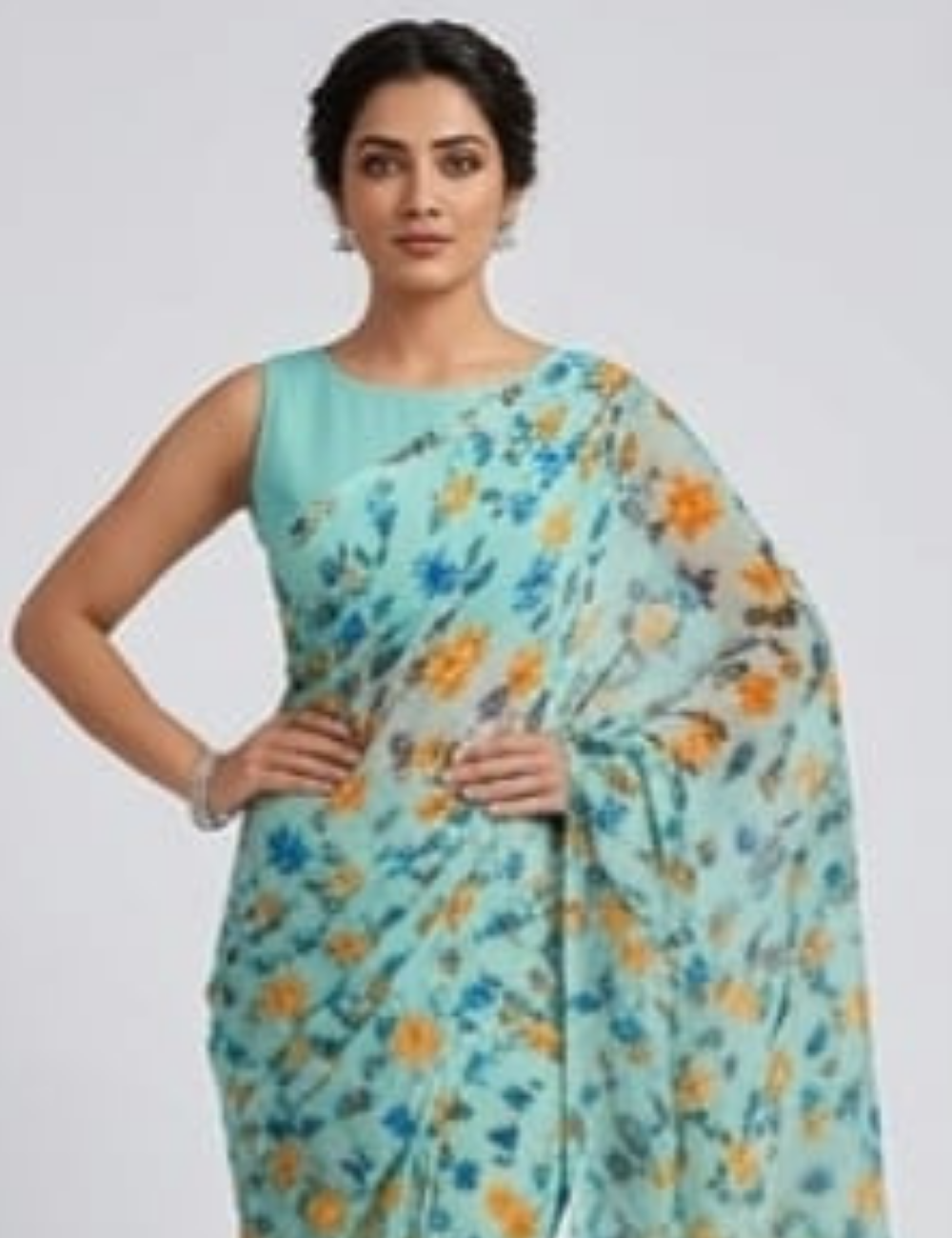 Elegant Aqua Blue Floral Printed Lightweight Saree