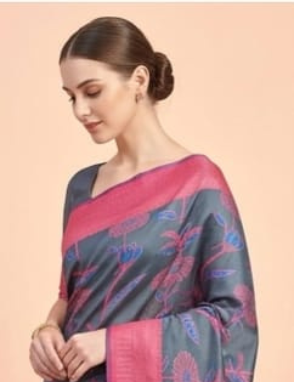 Elegant Grey Saree with Pink Floral Design and Border