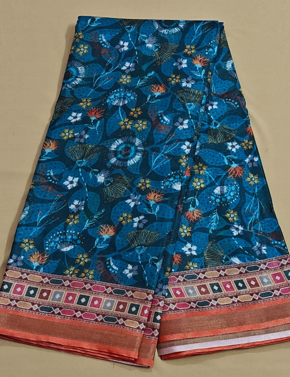 Teal Blue Botanical Digital Print Saree with Geometric Border & Running Blouse