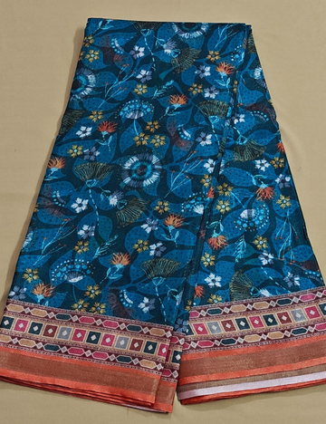 Teal Blue Botanical Digital Print Saree with Geometric Border & Running Blouse