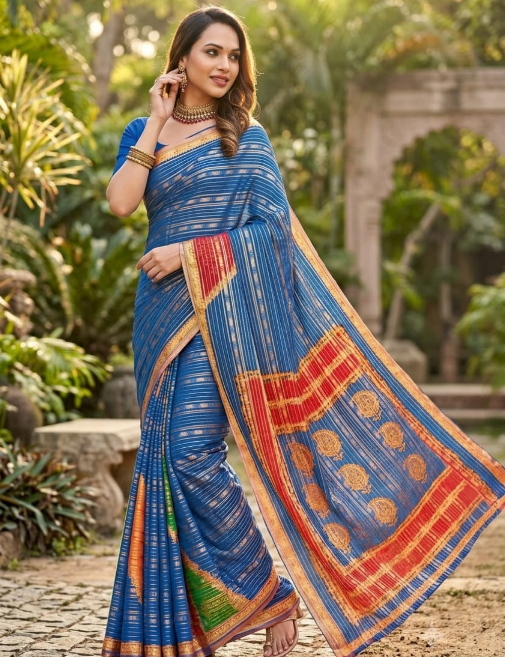 Vibrant Royal Blue and Orange Silk Saree