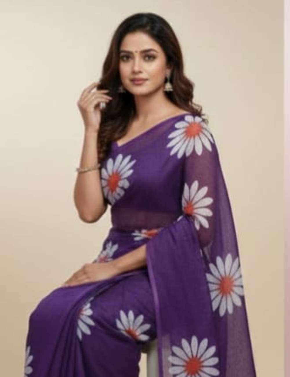 Purple Floral Printed Fancy Cotton Saree