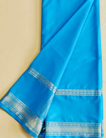 Vibrant Sky Blue Mysore Silk Sari with Elegant Golden Zari Border
