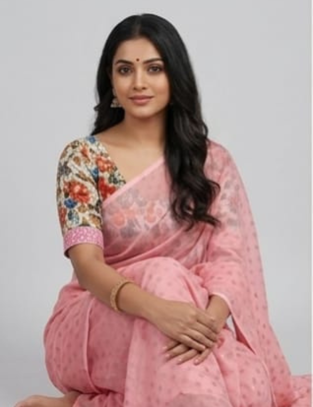 Charming Pink Saree with Floral Designer Blouse