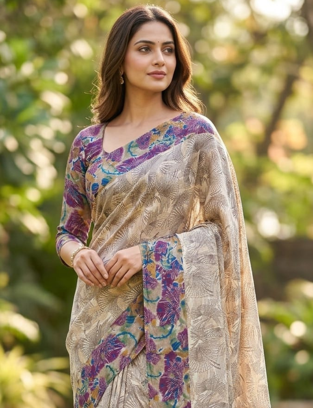 Abstract Flora Silk Saree with Graphic Fan Prints & Vibrant Border