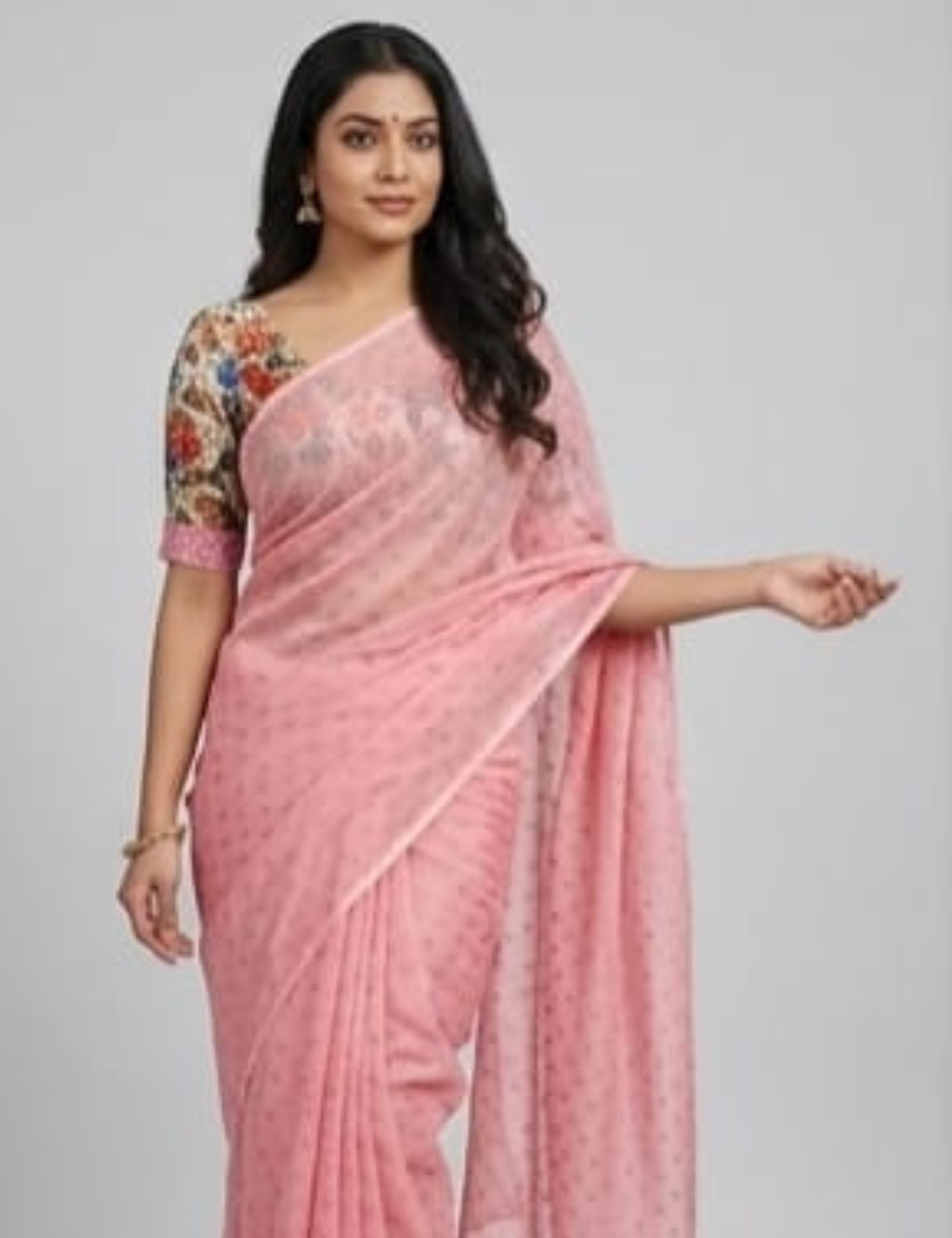 Charming Pink Saree with Floral Designer Blouse