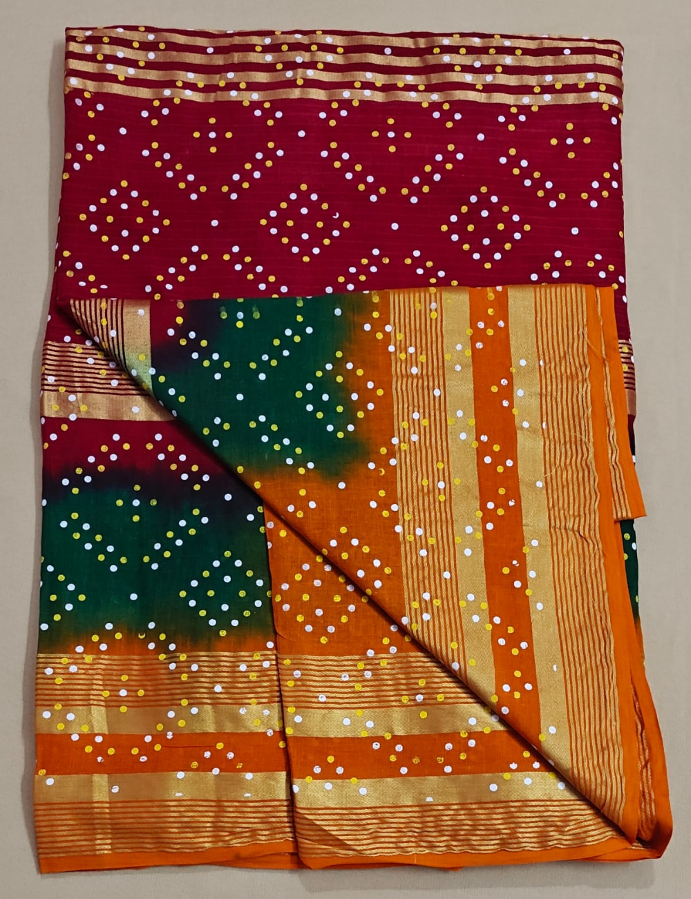 Multi-Tone Bandhani Gradient Cotton Sari with Zari Stripes