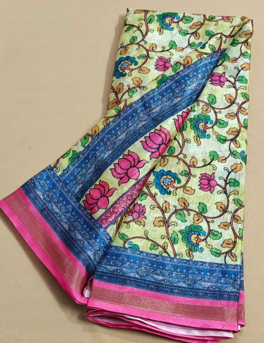 Lime Yellow Kalamkari-Inspired Floral Digital Print Saree with Contrast Zari Border with Blouse