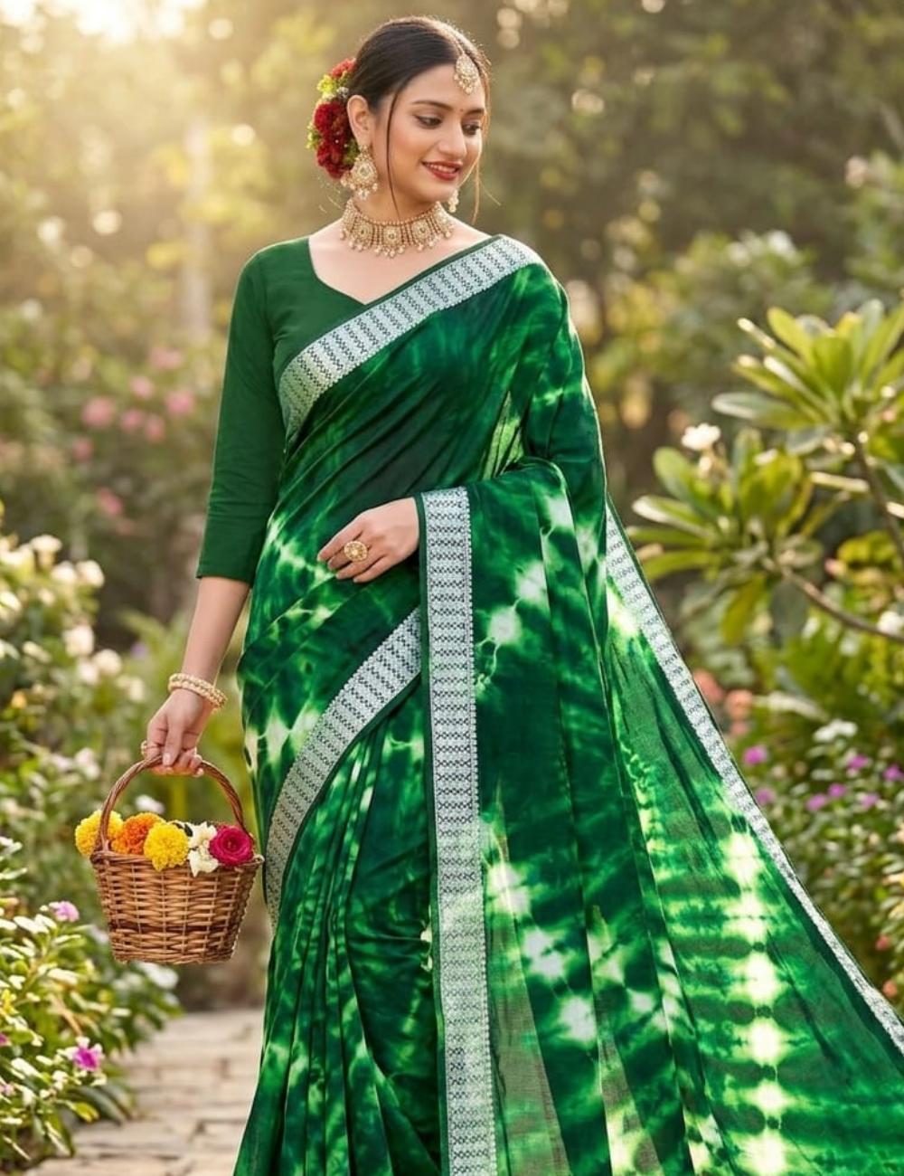 Emerald Green Tie-Dye Soft Cotton Saree