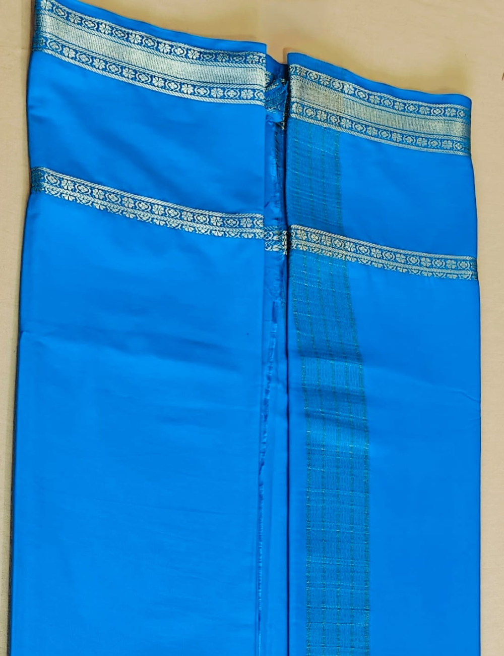 Vibrant Sky Blue Mysore Silk Sari with Elegant Golden Zari Border
