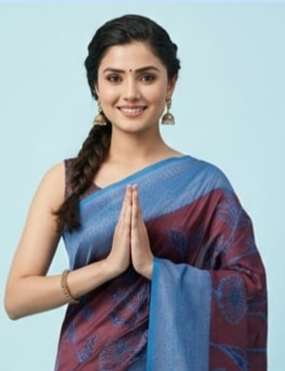 Maroon Saree with Blue Floral Design and Border