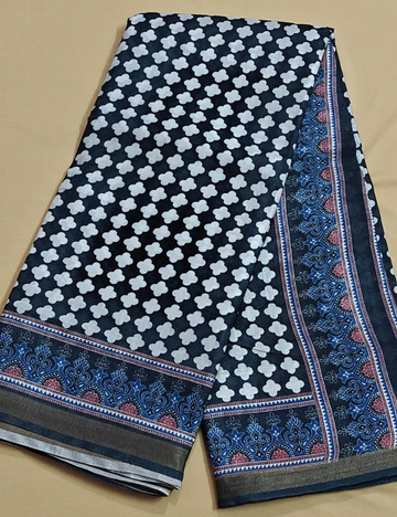 Black and White Geometric Motif Saree with Heritage Indigo Border with Blouse