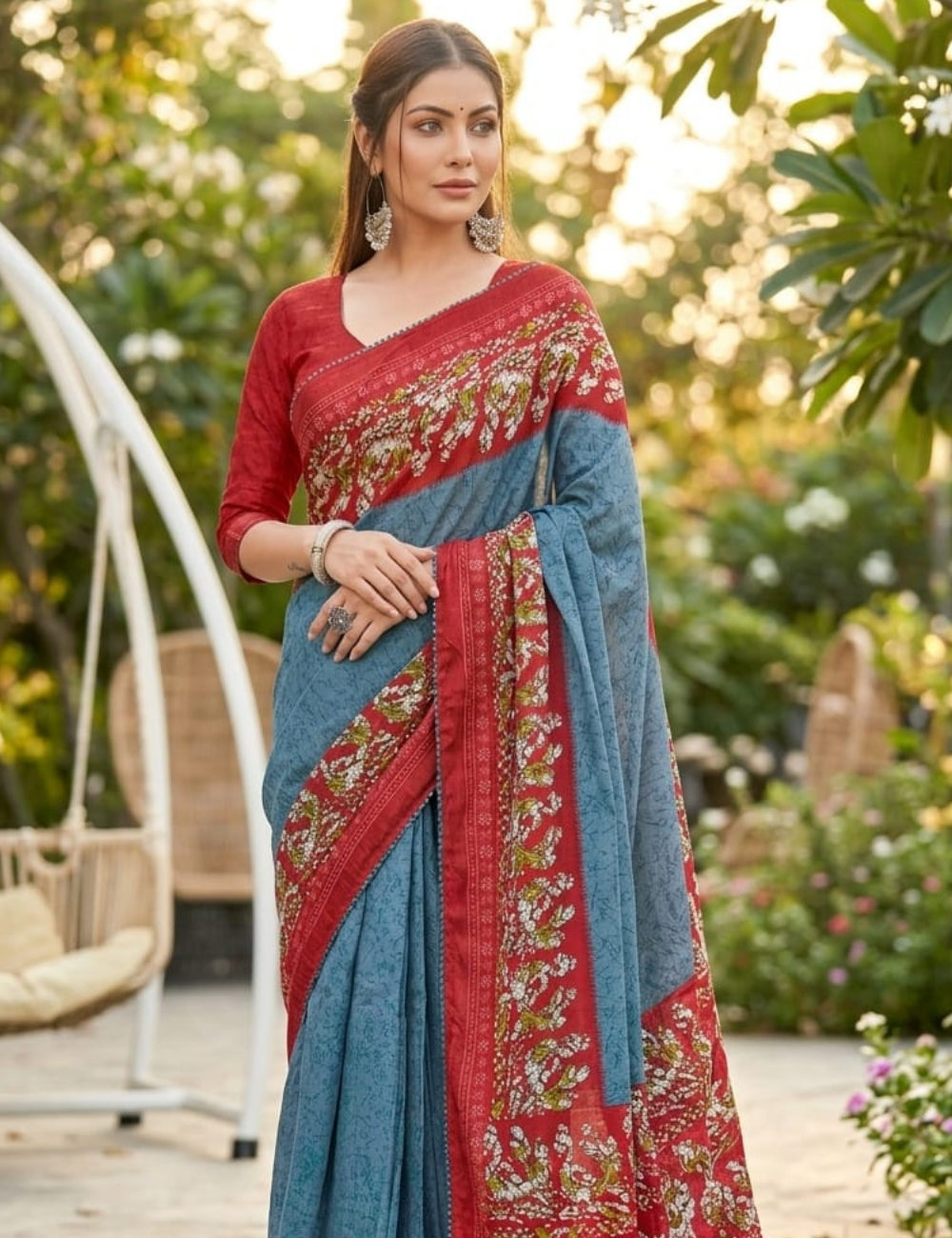 Sky Blue Floral Border Cotton Saree