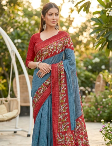 Sky Blue Floral Border Cotton Saree