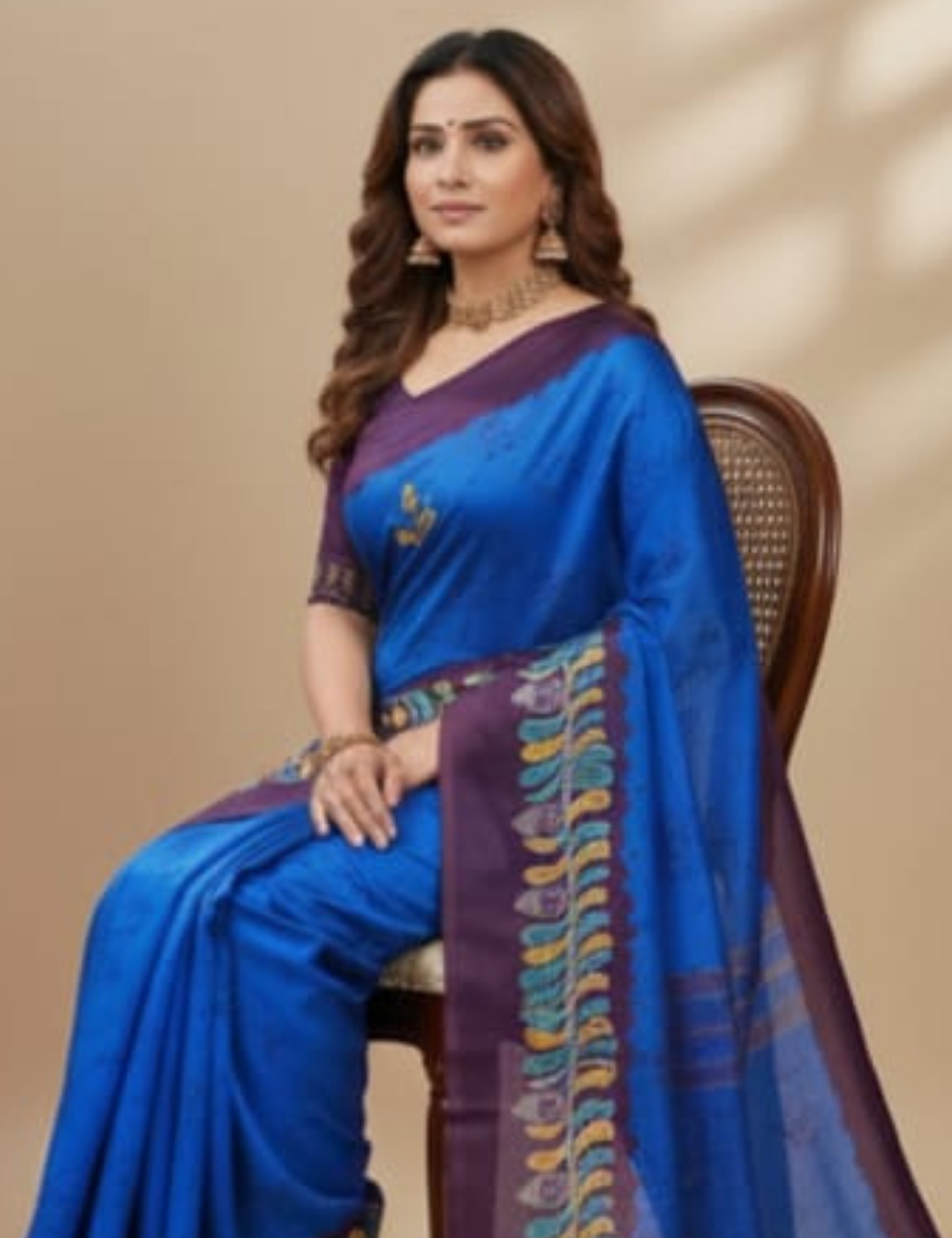 Royal Blue Saree with Artistic Purple Border Dola Silk Saree