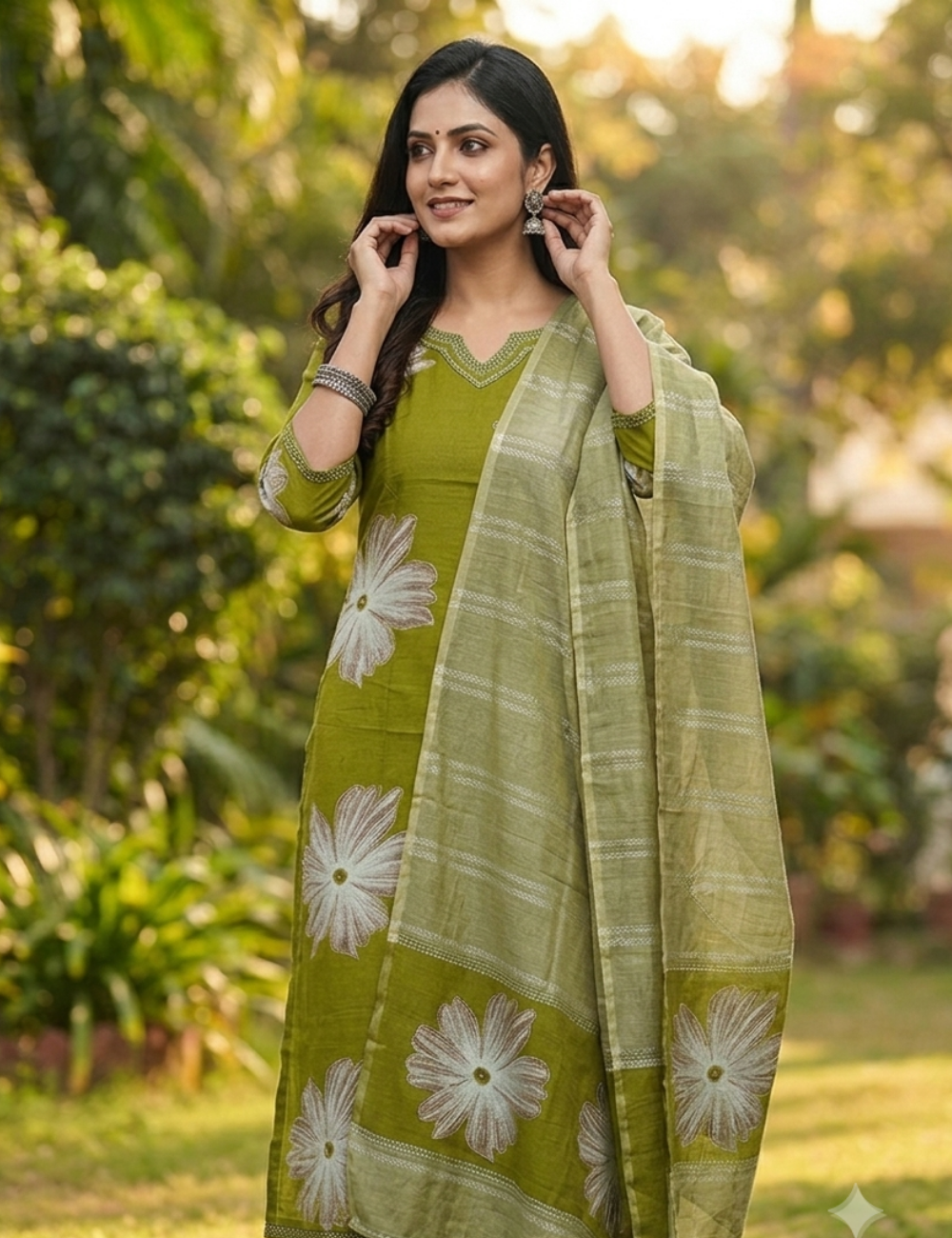 Olive Green Floral Printed Kurta Set with matching Dupatta