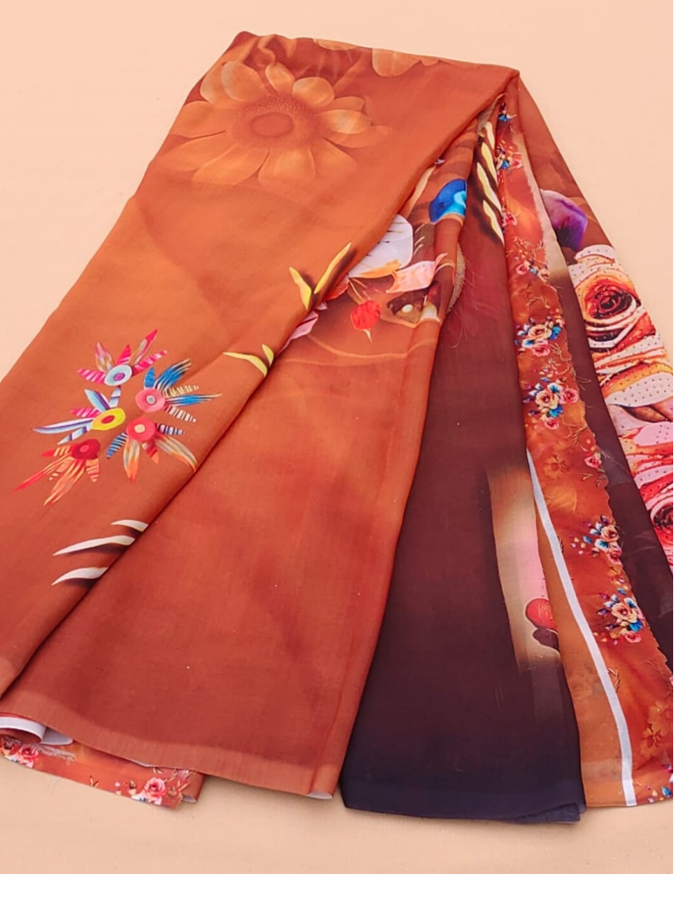 Brown Saree with Vibrant Floral Prints