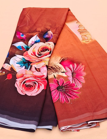 Brown Saree with Vibrant Floral Prints