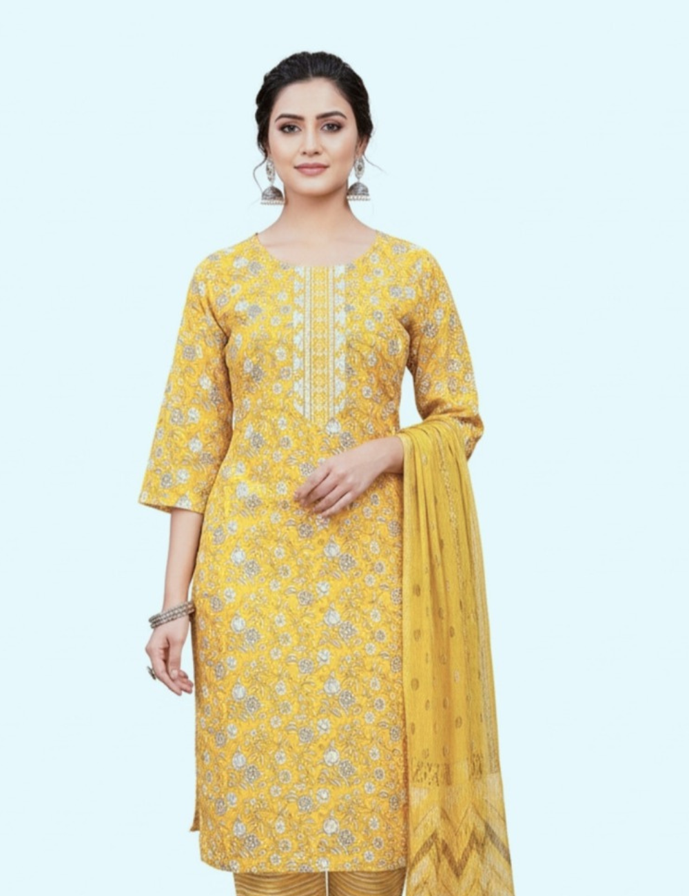 Mustard Yellow Floral Printed Kurta Set with Dupatta