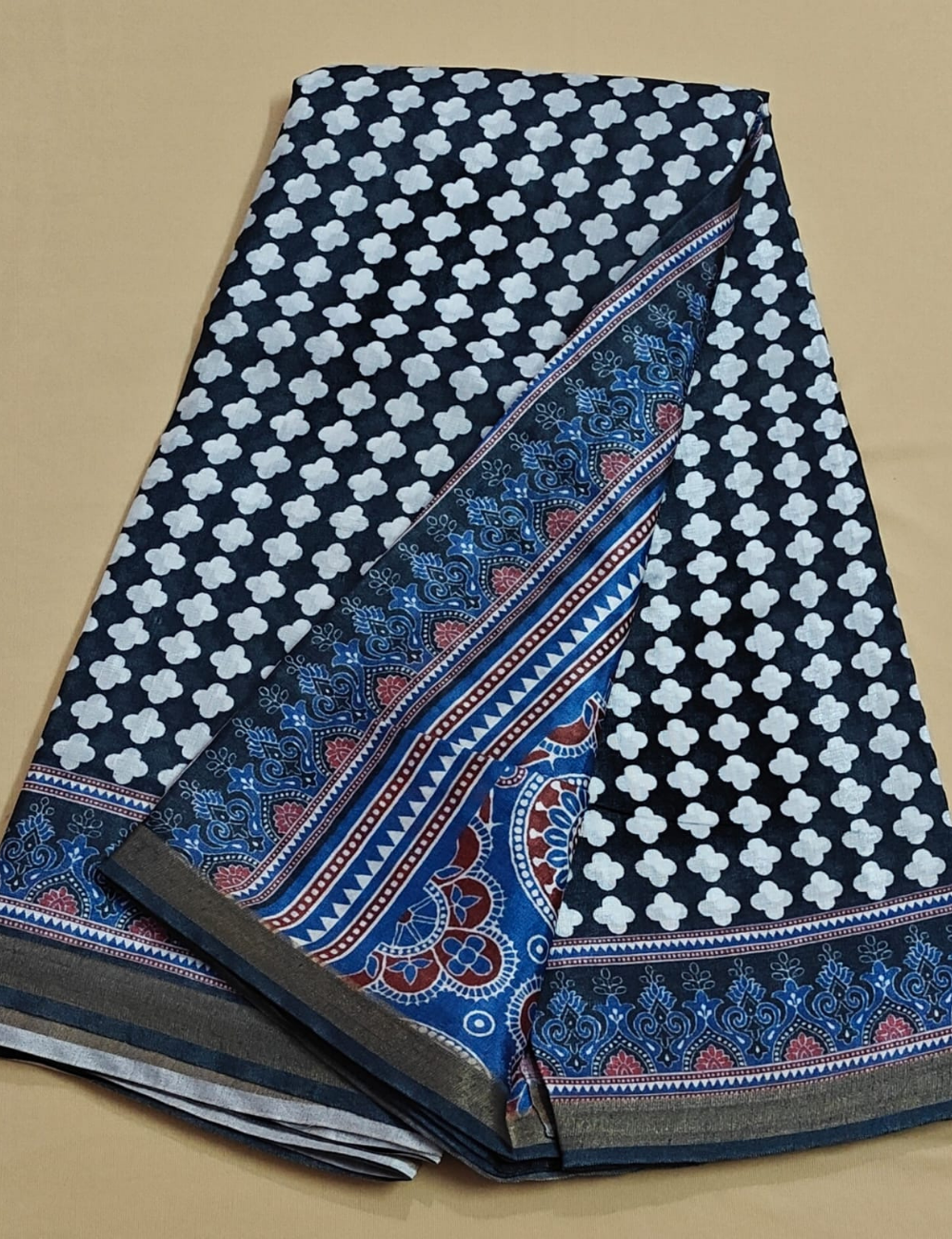Black and White Geometric Motif Saree with Heritage Indigo Border with Blouse
