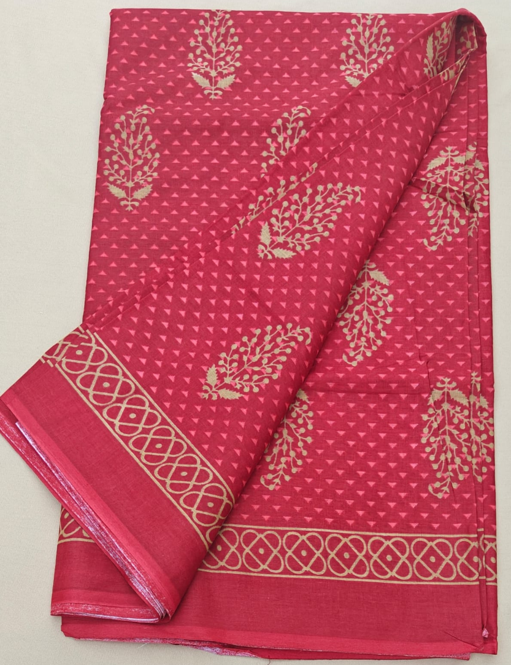 Elegant Crimson Red Block-Print Cotton Saree