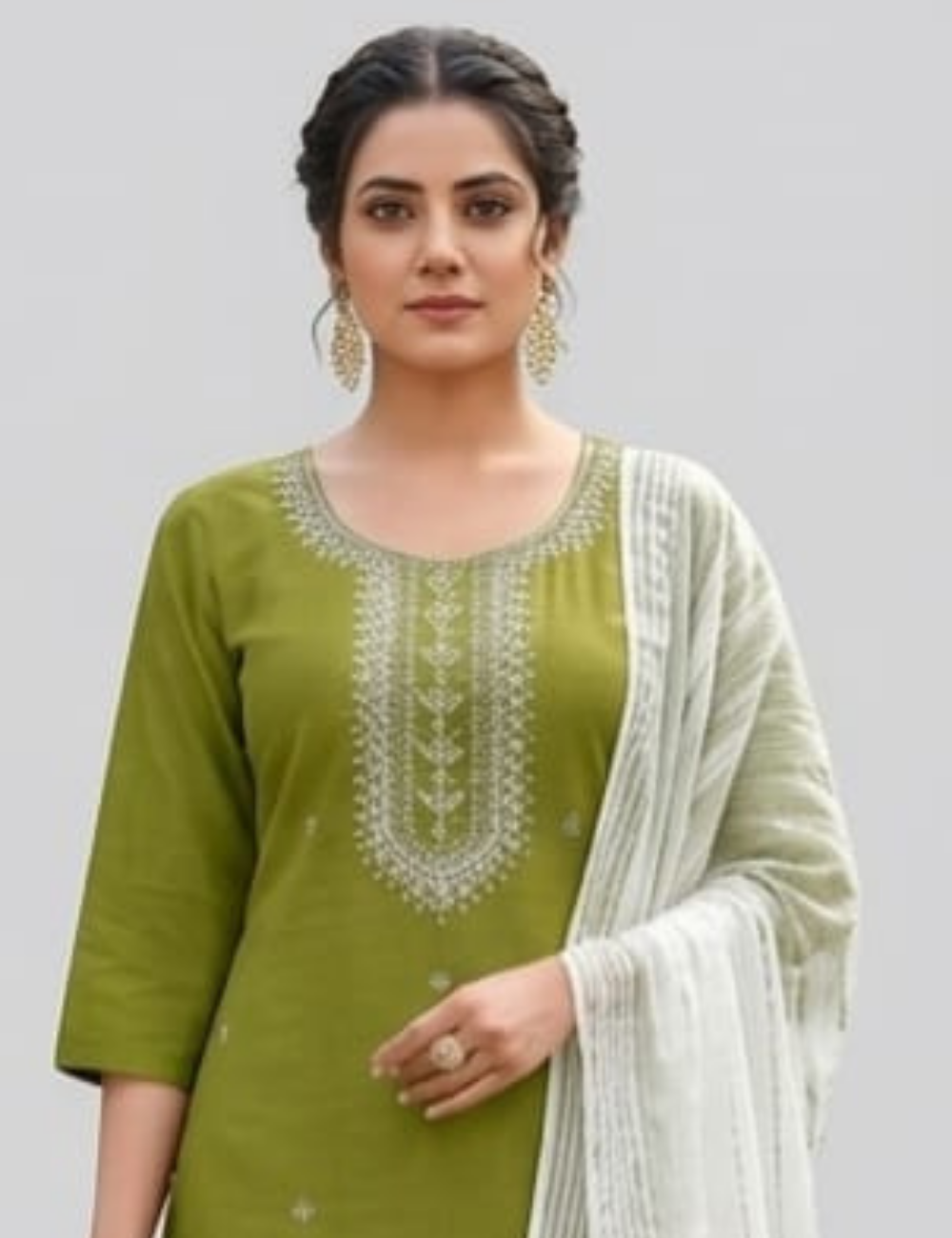 Elegant Olive Green Embroidered Kurta Set with Dupatta