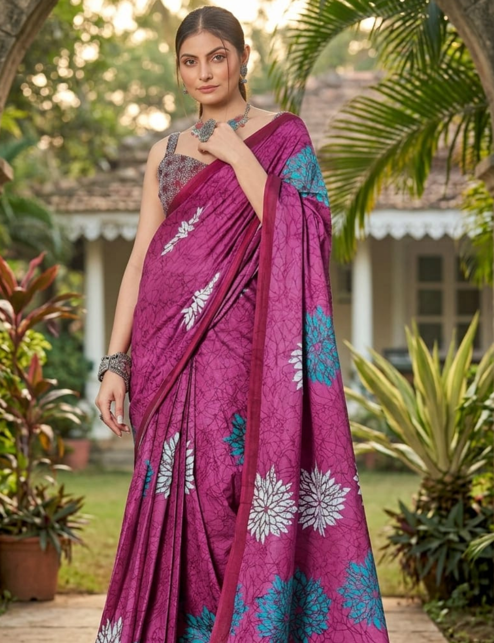Rose Pink Floral Print Cotton Saree
