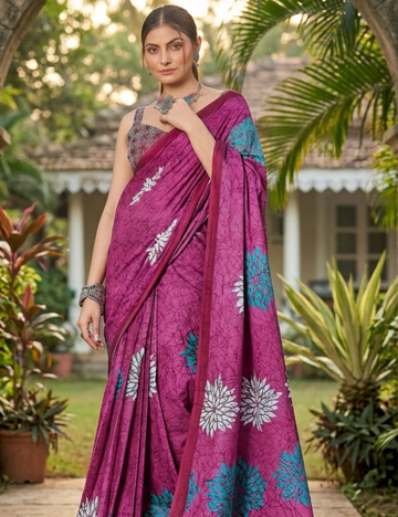 Rose Pink Floral Print Cotton Saree