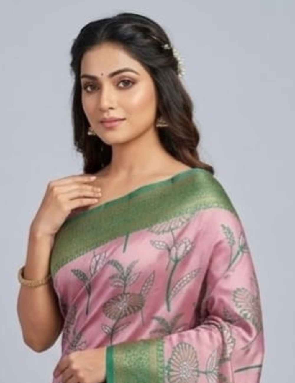 Elegant Pink and Green Floral Saree with Traditional Border