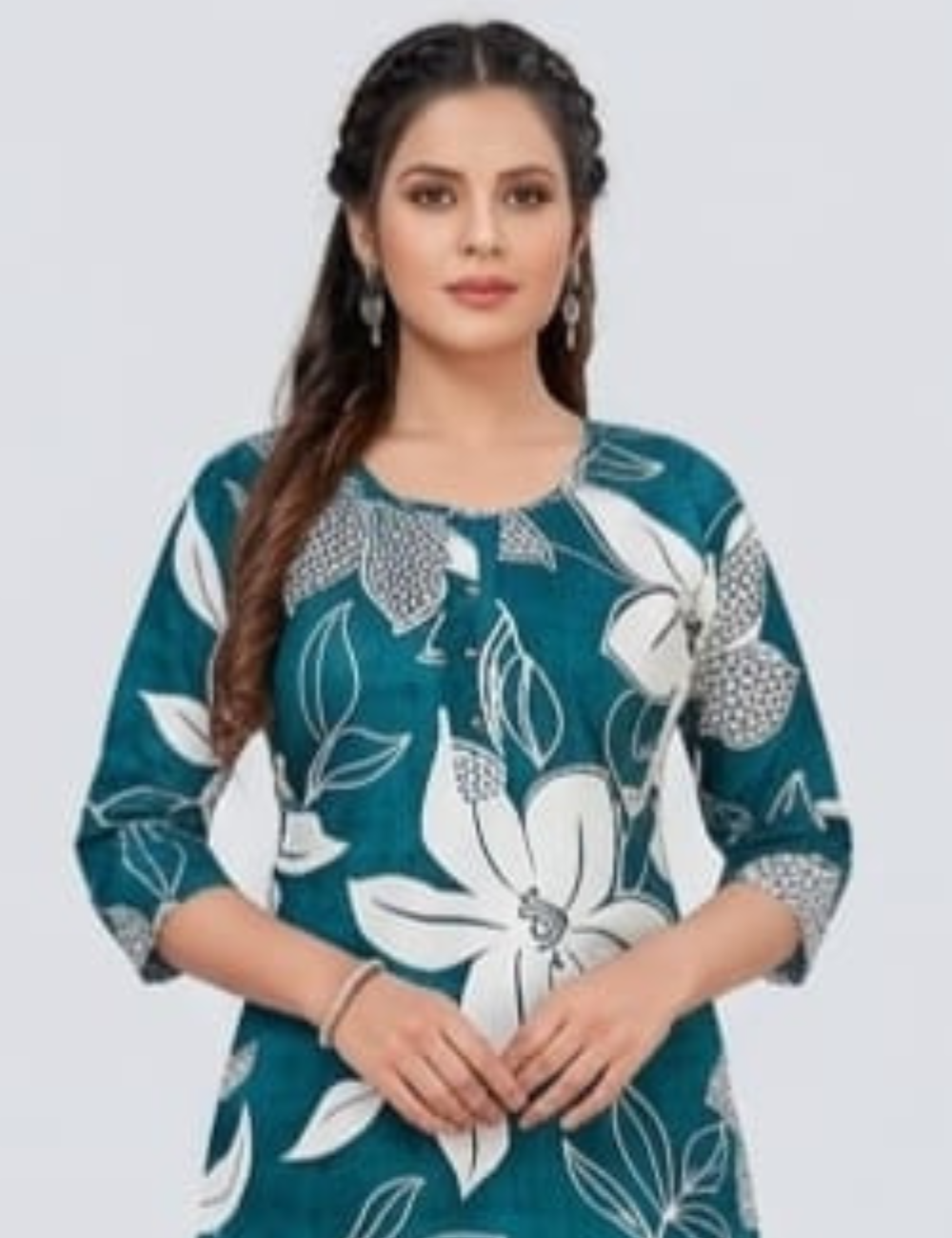 Elegant Teal Floral Printed Cotton Kurta Set