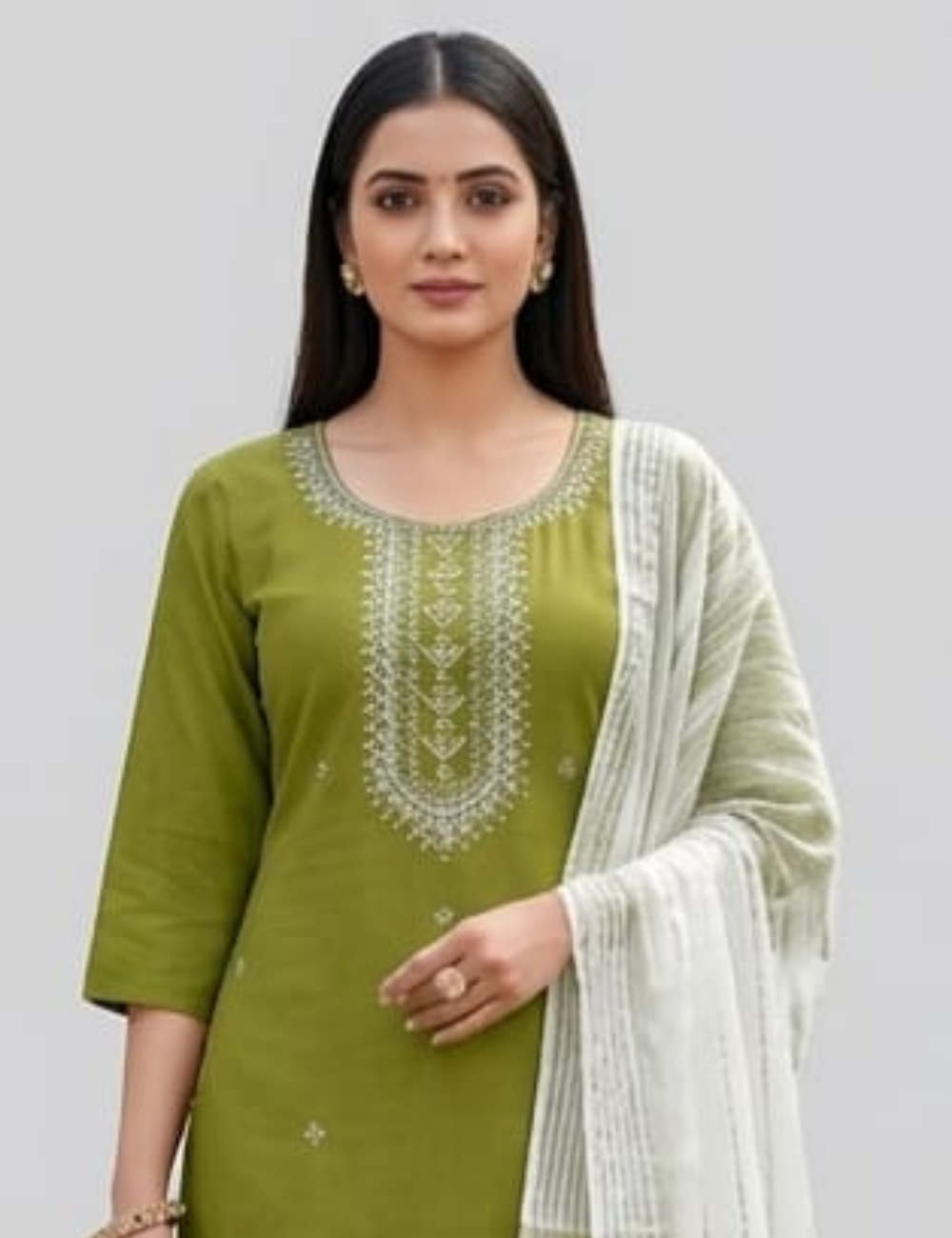 Elegant Olive Green Embroidered Kurta Set with Dupatta