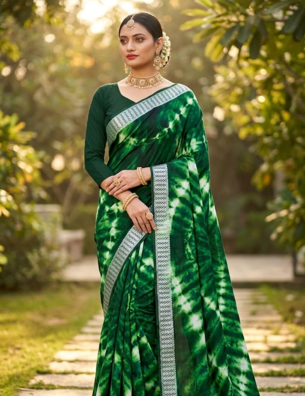 Emerald Green Tie-Dye Soft Cotton Saree