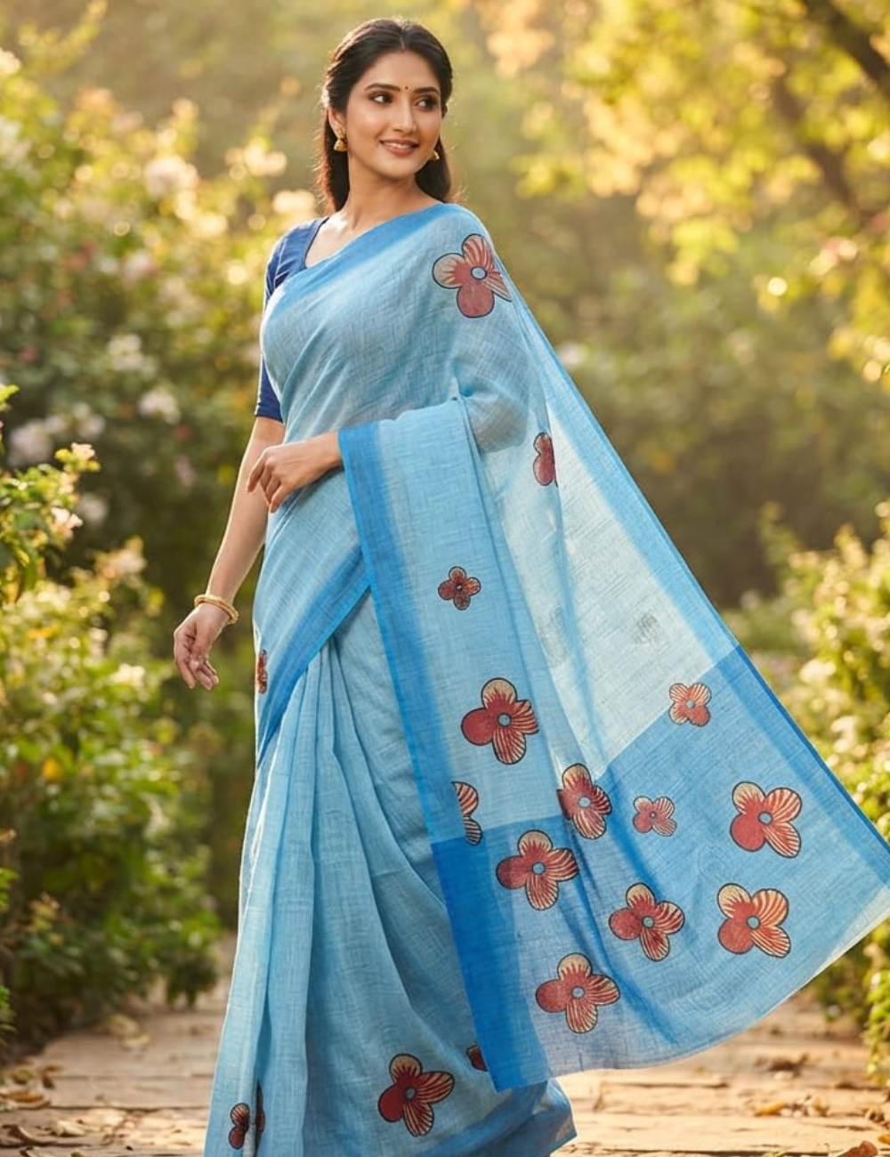Sky Blue Linen Cotton Sari with Floral Motif