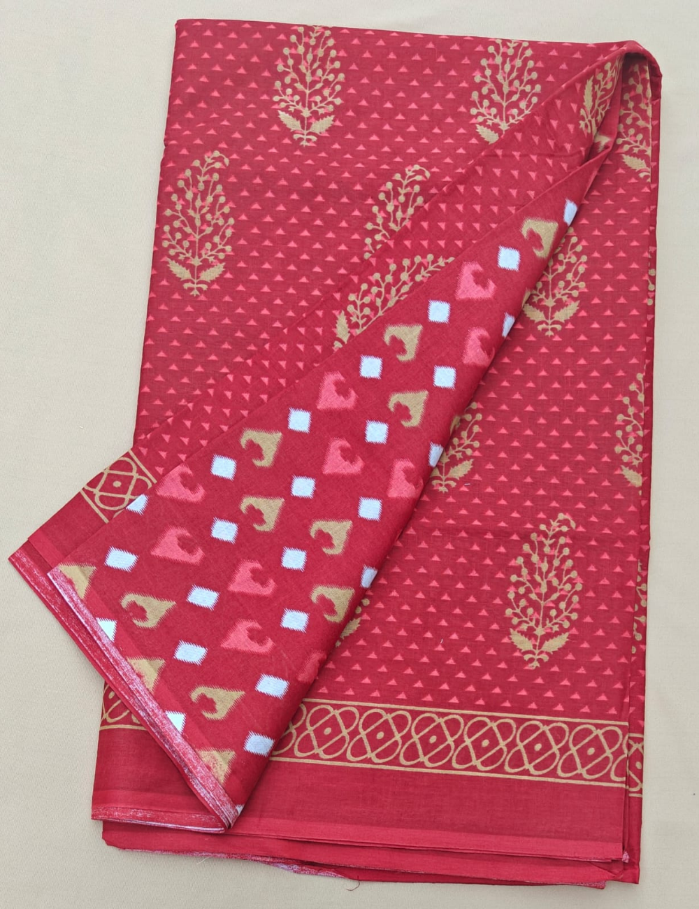Elegant Crimson Red Block-Print Cotton Saree